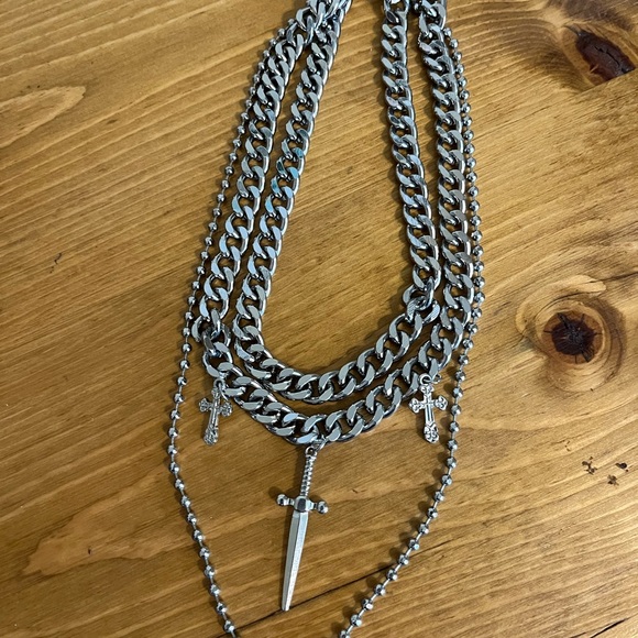 Vintage 1980  gothic style 3 tier chain with 2 crosses and a sword 16 inches - Picture 6 of 9